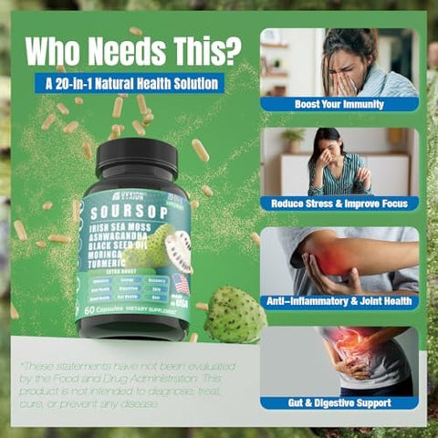 Soursop Graviola Supplement with Sea Moss Moringa Turmeric Black Seed Oil Oregano Ashwagandha 20inOne Herbal extracts for Overall HealthEnhancing Vegan NonGMO 60 Capsules
