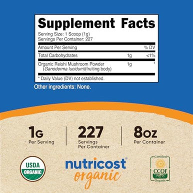 Nutricost Organic Reishi Mushroom Powder 0.5Lb (8Oz) Usda 100% Organic Vegetarian Nongmo Gluten