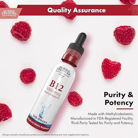 Buried Treasure B12 Drops 1000mcg Vitamin B12 Methylcobalamin per Serving 120 Servings Sublingual B12 AlcoholFree Vegan Raspberry Flavor 2 oz Bottle Graduated Dropper Accurate Dosing