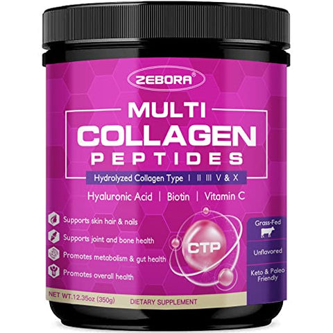 Zebora Multi Collagen Peptides Powder - Hydrolyzed Collagen Type I Ii Iii V X With Hyaluronic Acid Biotin Vitamin C - Support Skin Hair Nail Joints Non-Gmo Unflavored Keto Friendly