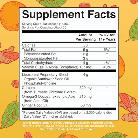 Maryruth'S Organics Liposomal Turmeric & Dha Curcumin Ginger Root Oil Algal Dha & Vitamin E Cognitive Function Mood Support Joint Health Liquid Supplement 15.22 Oz