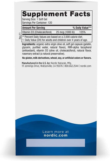 Nordic Naturals Vitamin D3 1000 IU Orange Flavor 120 Softgels