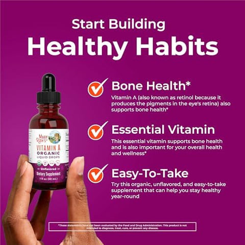 MARYRUTH'S Organics USDA Organic Vitamin A Liquid Drops 3 Month Supply Bone Health for Ages 14+ Essential Vitamin 750mcg per Serving Sugar Free Vegan NonGMO Gluten Free 1oz
