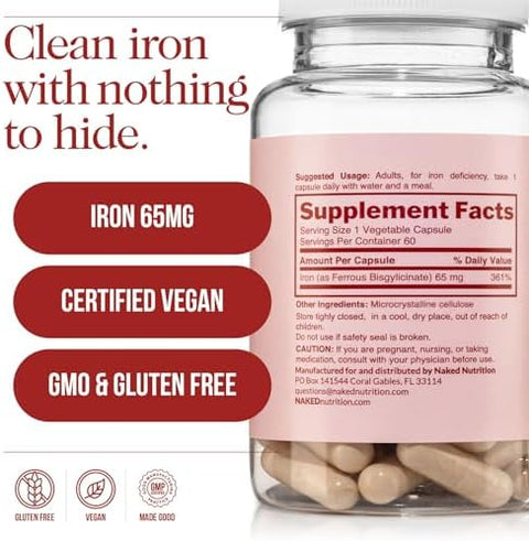 Naked Iron 65mg 325mg Ferrous Bisglycinate High Potency Iron Supplement for Iron Deficiency Cellular Energy Support Promotes Healthy Red Blood Cell Production NonGMO GlutenFree 60 Capsules