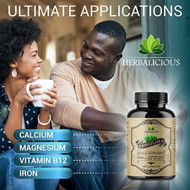 Herbalicious Spirulina Capsules-Natural Daily Superfood Supplement-Blue Green Algae Extract with B Vitamins Iron Amino Acid&Antioxidants to Support Immune System Function Total Body Cleanse 100pcs