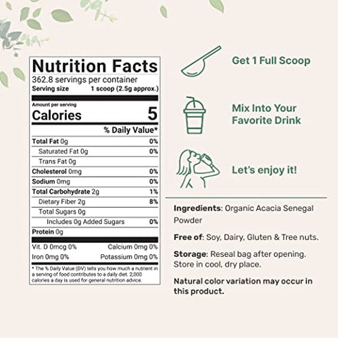 Micro Ingredients Organic Acacia Senegal Fiber Powder 2 Lb Instant Soluble Fiber Plant-Based Prebiotic For Gut & Digestive Health Non-Gmo Gluten-Free Vegan