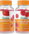 Lifeable Probiotic 2 Billion Cfu + Collagen & Biotin Gummies Bundle Great Tasting Vitamin Supplement Gluten Gmo Chewable Gummy