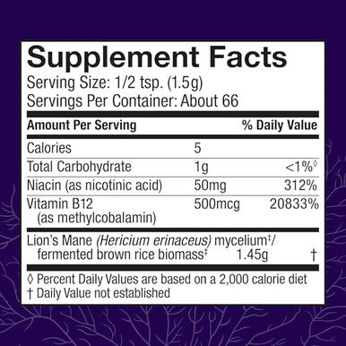 Host Defense Brainpower Stack Powder Targeted Brain Support Supplement Powder Mushroom Supplement With Lion'S Mane Niacin (B3) & Vitamin B12 Herbal Brain Support 100G (66 Servings)
