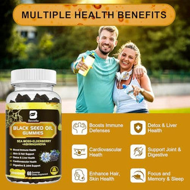 Black Seed Oil & Sea Moss Gummies, Organic Irish Sea Moss Gummies With Ashwagandha, Black Seed Oil, Elderberry, Turmeric, Vitamin D3/C And Zinc - Immune Support, Joints, Digestion, Hair & Skin