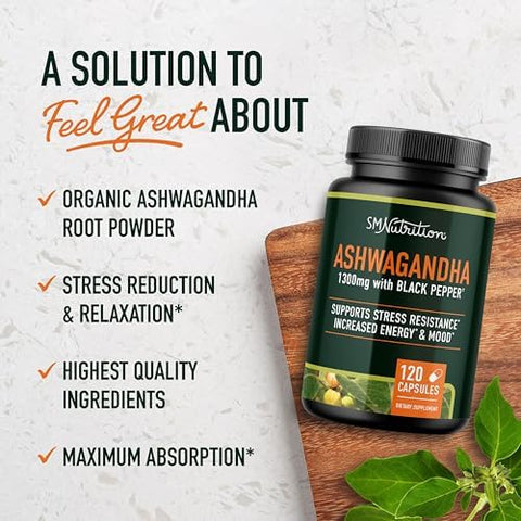 Smnutrition Ashwagandha Supplement 1300Mg For Stress Resistance & Energy Boost High Absorption Adaptogen From Root Powder With Black Pepper Stressrelated Fatigue Support Nongmo 120Ct 2Month Supply