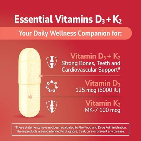 21st Century Vitamin D3 125 mcg (5000 IU) + K2 100 mcg Capsules 120 Count Bone Teeth and Heart Support NonGMO Milk Lactose Soy Wheat and Gluten Free