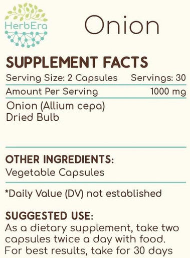 HerbEra Onion 60 Capsules, 500 mg, Onion (Allium Cepa) Dried Bulb (60 Capsules)