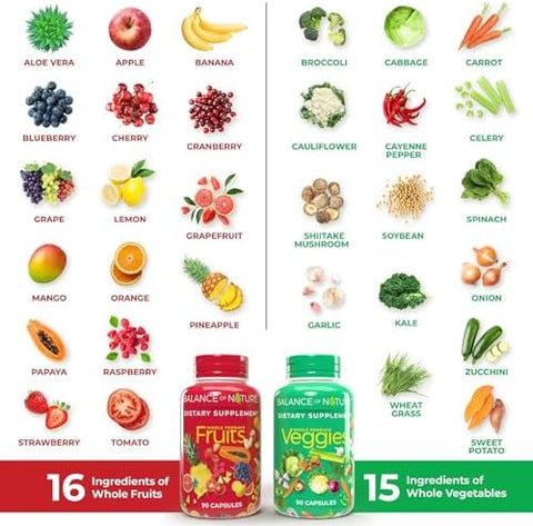 Balance of Nature Fruits and Veggies Supplements Whole Fruit and Vegetable Ingredients for Women Men and Kids 90 Fruits Capsules 90 Veggies Capsules 1 Set