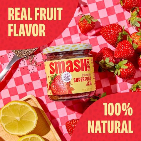 Smash Foods Strawberry Superfood Fruit Spread, No Sugar Added, Keto Jam with Chia Seeds, Vegan, Low-Calorie, 17.5 oz