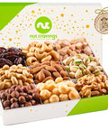 NUT CRAVINGS - Purim Mishloach Manot Mixed Nuts Gift Basket in White Gold Box (9 Assortments) Ramadan Gifts Treats for Adults, Food Arrangement, Healthy Snack Care Package, Kosher