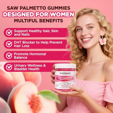 Natisland Saw Palmetto For Women Gummies Organic Saw Palmetto With Pumpkin Seed Oil For Hair Growth Dht Blocker & Urinary Health Sugar Free Vegan Peach Flavor 60 Chewable