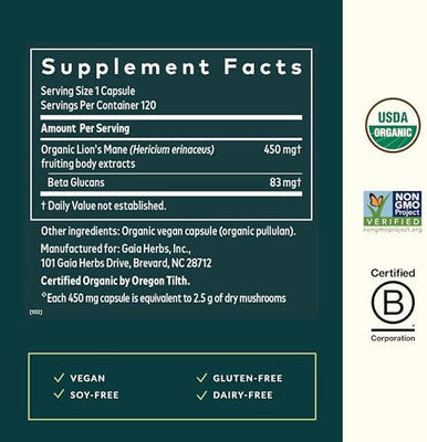 Gaia Herbs Lion'S Mane Mushroom Brain & Nerve Health Support 40 Vegan Capsules