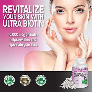 Ultra Biotin 10 000 Mcg Hair Skin and Nails Supplement 360 Capsules