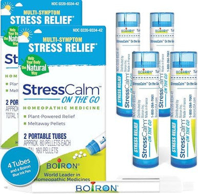 Boiron Stresscalm On The Go For Relief Of Stress Anxiousness Nervousness Irritability And Fatigue 80 Count Per Tube 4 Tubes With Peak10 Health Pen