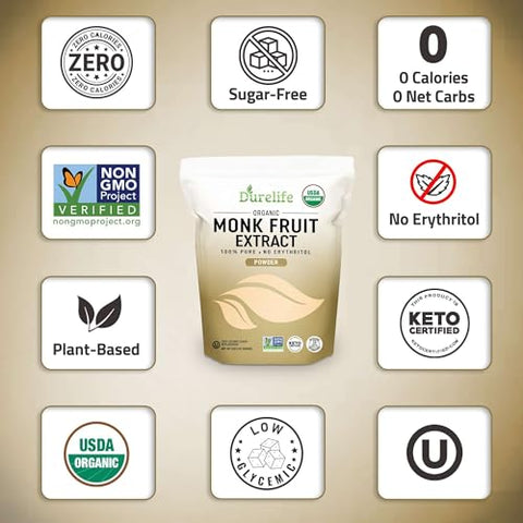 Durelife Organic 100% Pure Monk Fruit sweetener, No Erythritol, Monkfruit Extract Powder 10 OZ and DureLife XYLITOL Sugar Substitute 1 LB (16 OZ) Made From 100% Pure Birch Xylitol NON GMO