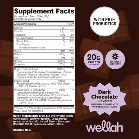 Wellah Grass-Fed Whey Protein Isolate Powder (Dark Chocolate) 30 Servings - With Prebiotics Enzymes & Probiotics 20G Of Protein 100 Calories Naturally Sweetened