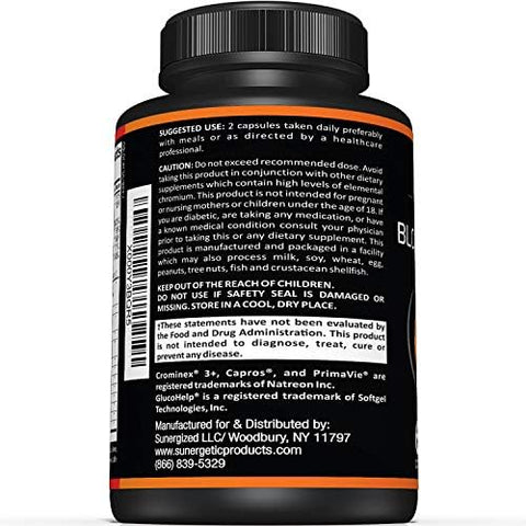 Sunergetic Premium Blood Sugar Support Supplement"Supports Healthy Blood Sugar Levels Already Within Normal Range " Includes Bitter Melon Extract Vanadium Chromium Cinnamon & Alpha Lipoic Acid60 Capsules