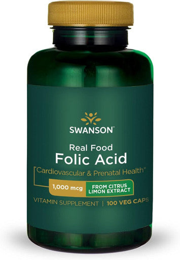 Swanson Real Food Folic Acid Folate Vitamin B-9 Cardiovascular Prenatal Health from Citrus Limon Extract Vegan Gluten- Non-GMO B9 1000 mcg 100 Veggie Capsules