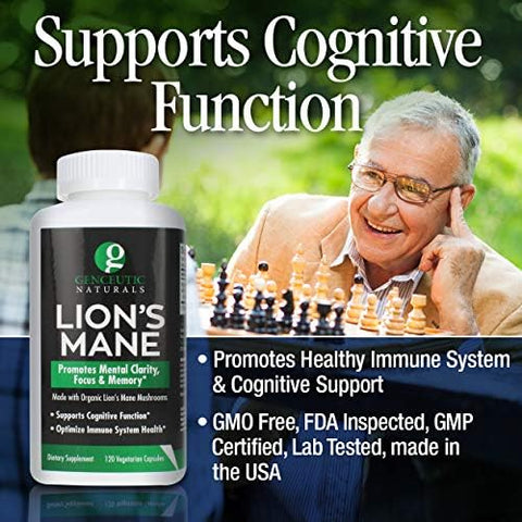 Genceutic Naturals Genceutic Lion'S Mane 120 Count Organic Capsules Lions Mane Mushroom Promotes Mental Clarity And Focus
