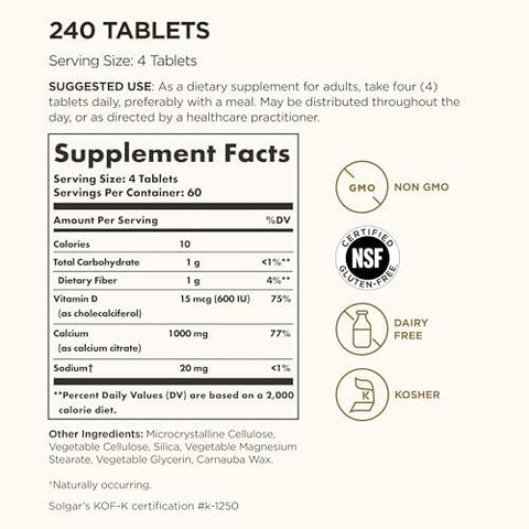 Solgar Calcium Citrate With Vitamin D3 240 Tablets Promotes Healthy Bones and Teeth Supports Musculoskeletal and Nervous Systems NonGmo GlutenFree Dairy Kosher 60 Servings