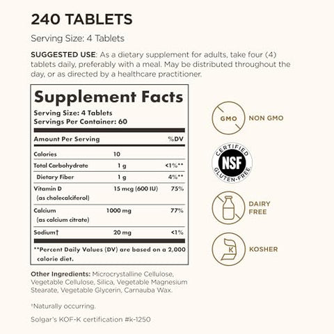 Solgar Calcium Citrate With Vitamin D3 240 Tablets - Promotes Healthy Bones & Teeth Supports Musculoskeletal & Nervous Systems - Non-Gmo Gluten-Free Dairy Free Kosher 60 Servings