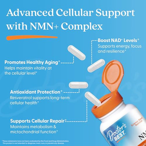 Doctor'S Best Nmn Complex Supplement Capsules For Women & Men - Supports Nad Production Resveratrol 100Mg & Beta Nicotinamide Mononucleotide 200Mg Per Capsule Cellular Energy Support 60 Veg Caps