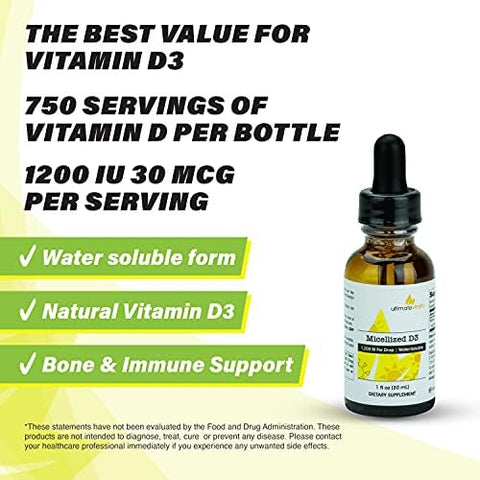 Ultimatevitality Micellized Vitamin D3 Liquid 750 Servings 1200 Iu Per Drop Best Value Natural Soy Water Soluble - 1 Ounce