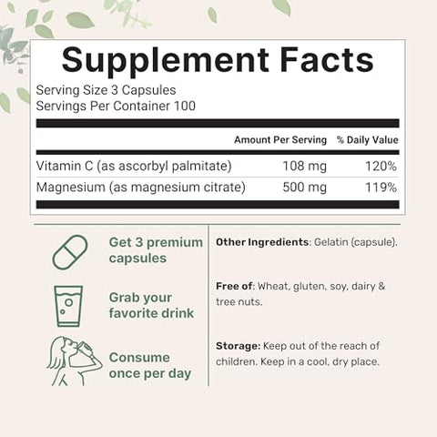 Micro Ingredients Pure Magnesium Citrate Supplements 500Mg 300 Capsules Fat-Soluble Vitamin C Added 100 Chelated Only Active Ingredients