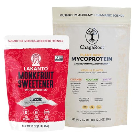 Lakanto Classic Monk Fruit Sweetener with Erythritol 1 lb and ChagaRoot MycoProtein Mushroom Protein Powder Vanilla 1.76 lb