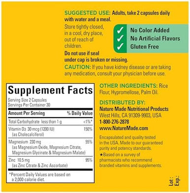 Nature Made Magnesium Complex With Vitamin D And Zinc Supplements, Magnesium Supplement For Muscle, Nerve, Heart & Bone Support With Vitamin D3 & Zinc For Immune Support, 60 Capsules, 30 Day Supply
