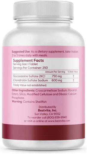 Bestvite Glucosamine & Chondroitin Sulfate 750/600 Triple Strength (250 Tablets) - Joint Support - No Stearates - Gluten