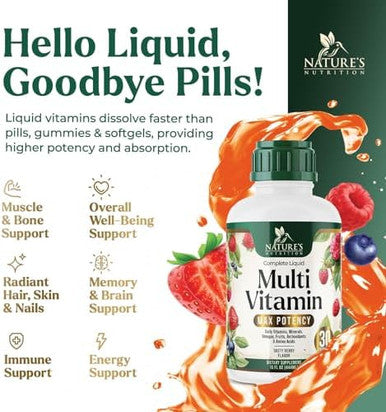 Liquid Multivitamin, Sugar Multi Vitamin For Women Men & Kids, Vitamins A, C, D, B-12, Biotin & Zinc For Beauty, Skin Care, Thicker Hair Growth & Wrinkles, Non-Gmo, Vegan, Berry Flavor, 15 Fl Oz
