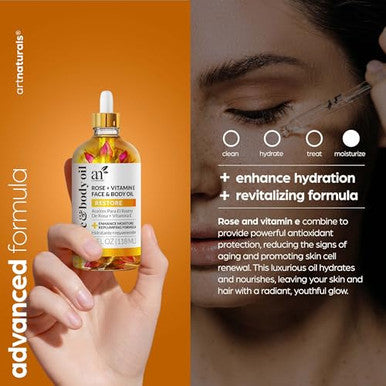 Artnaturals Organic Rose + Vitamin E Face Oil 4.0Oz - For Body & Hair - 100% Natural Moisturize Rejuvenate & Enhance Your Skin - Anti-Aging Moisturizer Facial Oil For Fine Lines Scars & Wrinkles