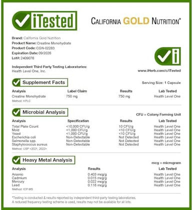 California Gold Nutrition Sport Creatine 750 Mg 240 Veggie Capsules