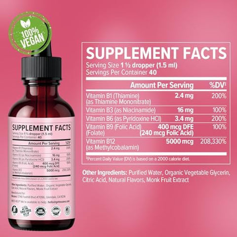 NUSAVA (4 Pack) Vitamin B12 Liquid Drops with B6 B12 Sublingual Vitamin B Complex Methylcobalamin 5000 mcg for Energy and Brain Support Strawberry 160 Servings