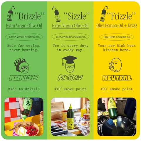 Graza Extra Virgin Olive Oil Variety Pack, Sizzle & Drizzle - High Polyphenol Peak Harvest EVOO Cooking & Finishing Oil in a Squeeze Bottle - Single Farm Olives from Spain