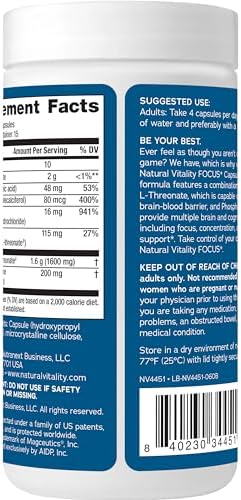Natural Vitality Focus Magnesium LThreonate and Phosphatidylserine Nootropic Brain Supplements for Memory Focus and Cognition Gluten Vegetarian 60 Capsules