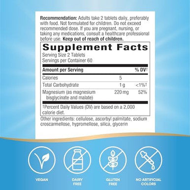Nature'S Way Magnesium Glycinate Complex, Supports Heart, Muscle, Nerve Function, Highly Absorbable Magnesium Glycinate, Magnesium Malate, 220 Mg Per 2-Tablet Serving, Gluten Free, Vegan, 120 Tablets