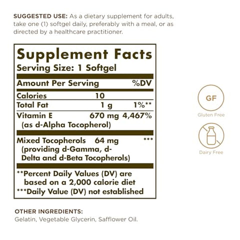 Solgar Vitamin E 670 Mg (1000 Iu) - 100 Softgels Pack Of 2 - Naturally Sourced - Gluten Free Dairy Free 200 Total Servings