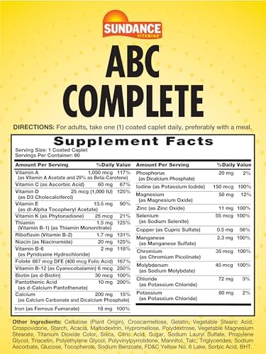 Sundance Multivitamin for Women and Men with Iron Mineral Formula ABC Complete NonGMO and Gluten Free Supplement