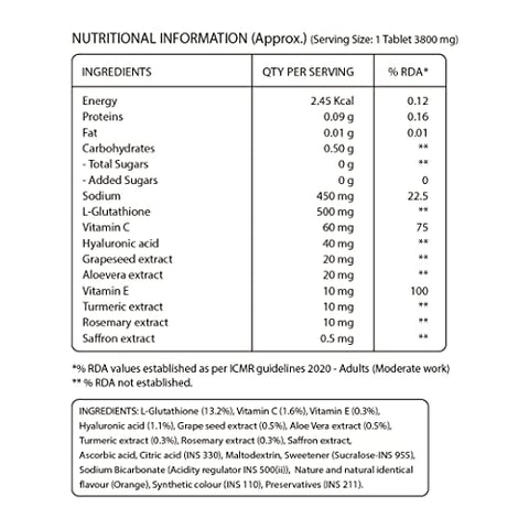 Pure Nutrition L-Glutathione 500Mg 30 Effervescent Tablets (15X2) With Vitamin C & Saffron Orange Flavour Supports Skin Immunity & Daily Wellness