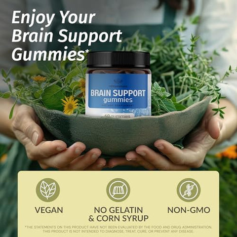 Herbamama Brain Support Gummies â€“ Brain Focus Supplements For Adults With Ashwagandha Bacopa Monnieri Vitamin C & B12 â€“ Vegan Non-Gmo Calming Gummies â€“ 60 Pectin-Based Blueberry-Flavored Chews