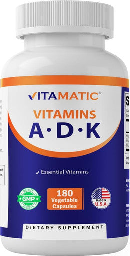 Vitamatic Adk Vitamin Supplement, 180 Veg Capsules, High Potency Vitamins A, D3, K2 For Bone Health, Calcium Absorption, Non-Gmo, Gluten Free