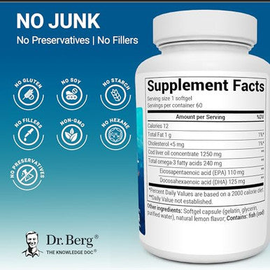 Dr Berg Nutritionals Omega 3 Cod Liver Fish Oil 60 Softgels
