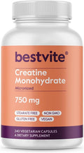 Bestvite Creatine Monohydrate 750mg (240 Vegetarian Capsules) - Micronized - No Stearates - Vegan - Non GMO - No Gelatin - Gluten - Creatine Capsules